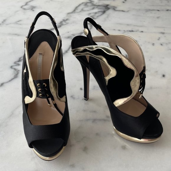 Nicholas Kirkwood Satin, Leather and Velvet Slingback Platform Sandals - Picture 1 of 12